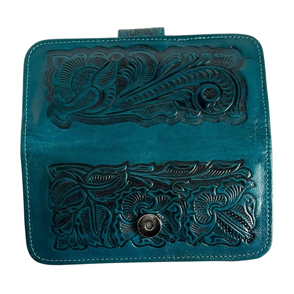 Saly Limon USA Handmade Teal Wallet Floral Tooled Vintage Bohemian Western Style - Picture 7 of 8